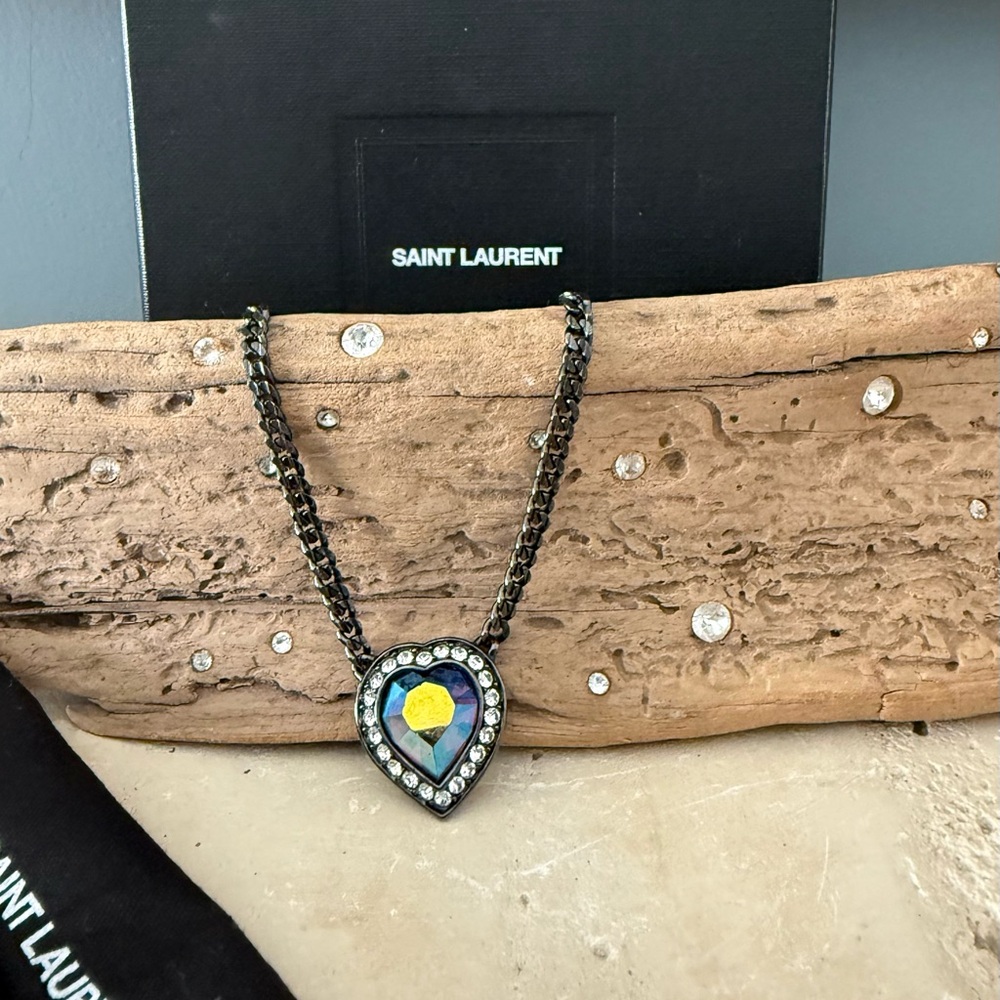 YSL Crystal Heart Necklace with Black Chain